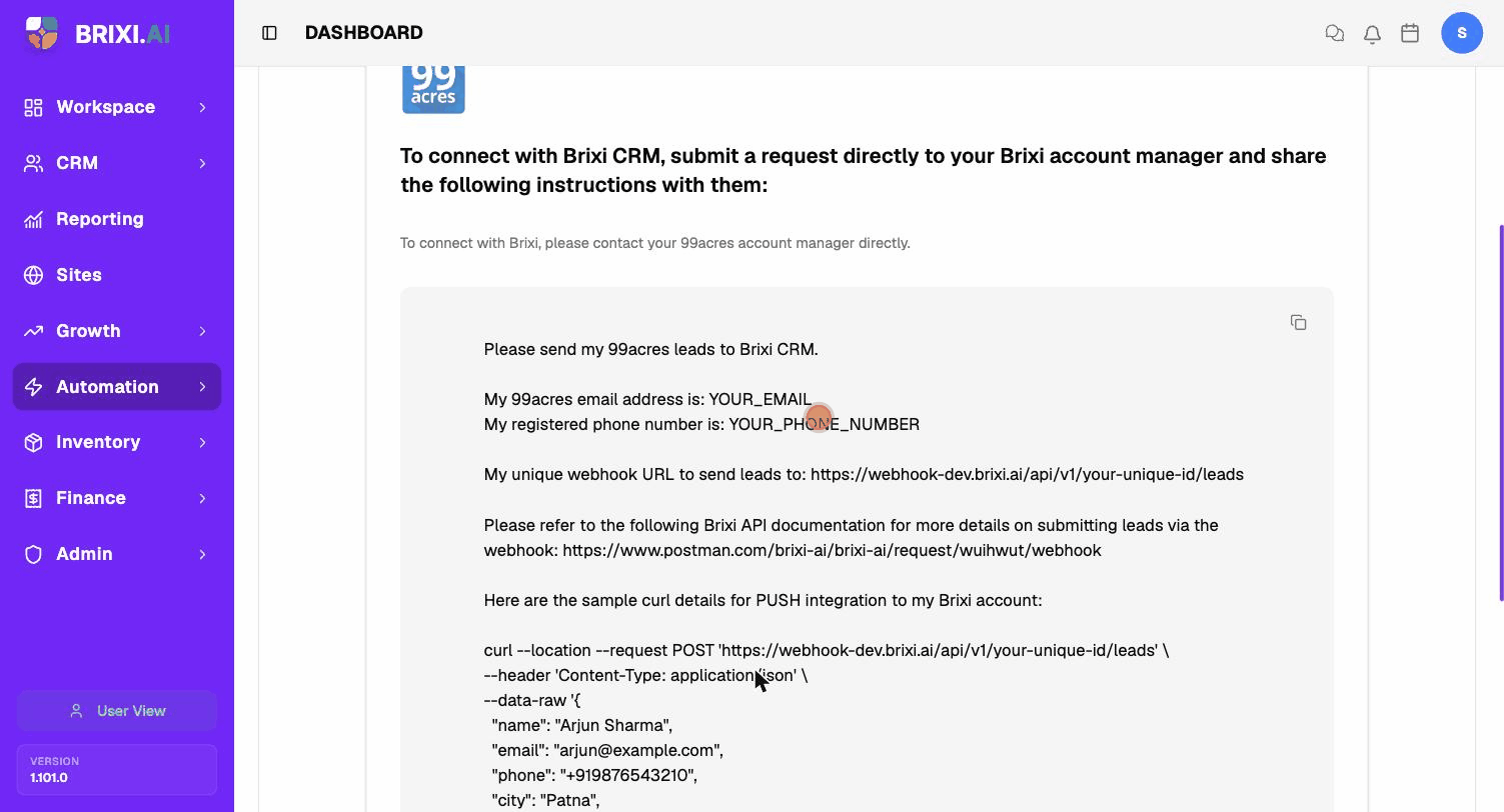 Open Manage to view the webhook URL, sample curl, and message, then click the copy icon