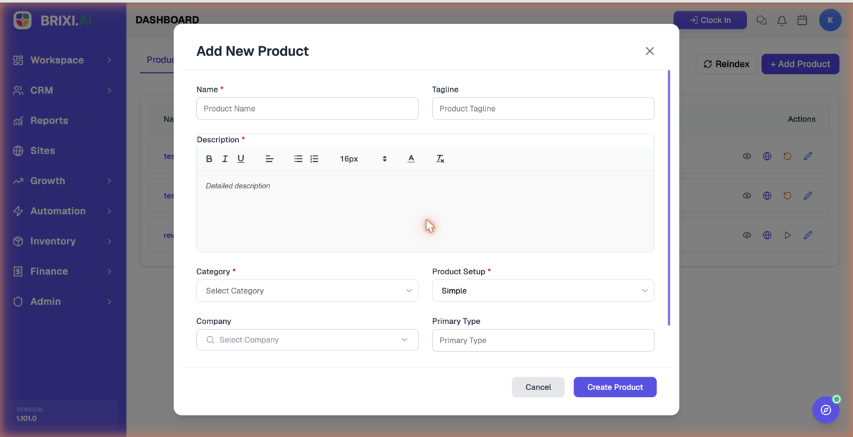 The Add New Product dialog showing Name, Tagline, Description (rich text), Category, Product Setup, Company, and Primary Type.