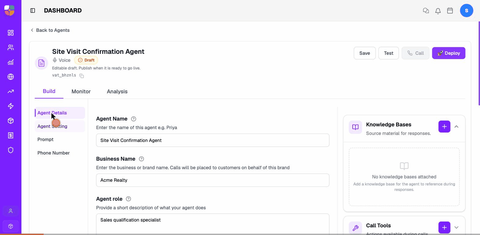 Attaching a knowledge base and a Call Transfer tool from the right rail on Agent Details.
