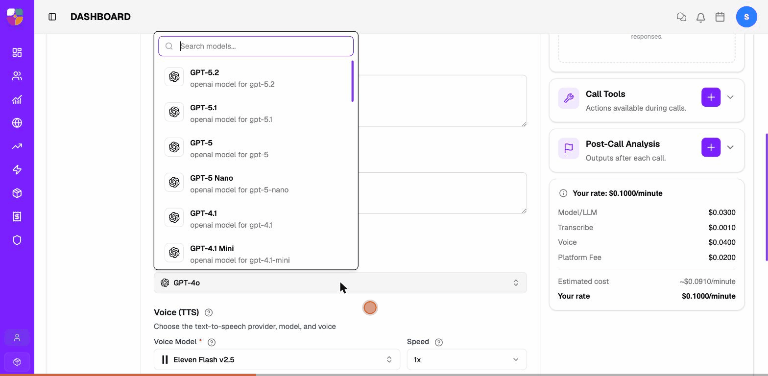 Opening the AI Model dropdown and switching the agent's LLM.