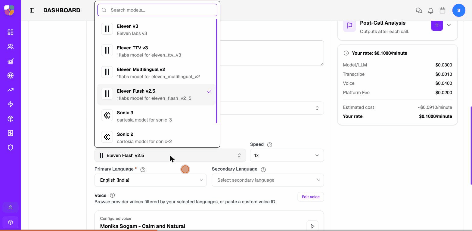 Switching the Voice Model, Primary Language, and Voice from the agent editor.
