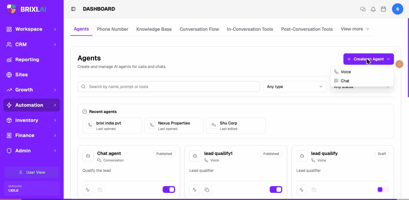The Create a Blank Agent dialog with Name, Business Name, Role, Initial Message, and Type filled in.