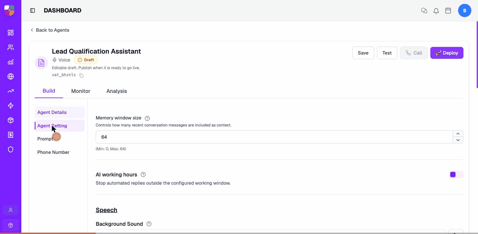 Tour of the agent editor — header, Build tabs, left sidebar, and right rail with Knowledge Bases / Call Tools / Post-Call Analysis cards.