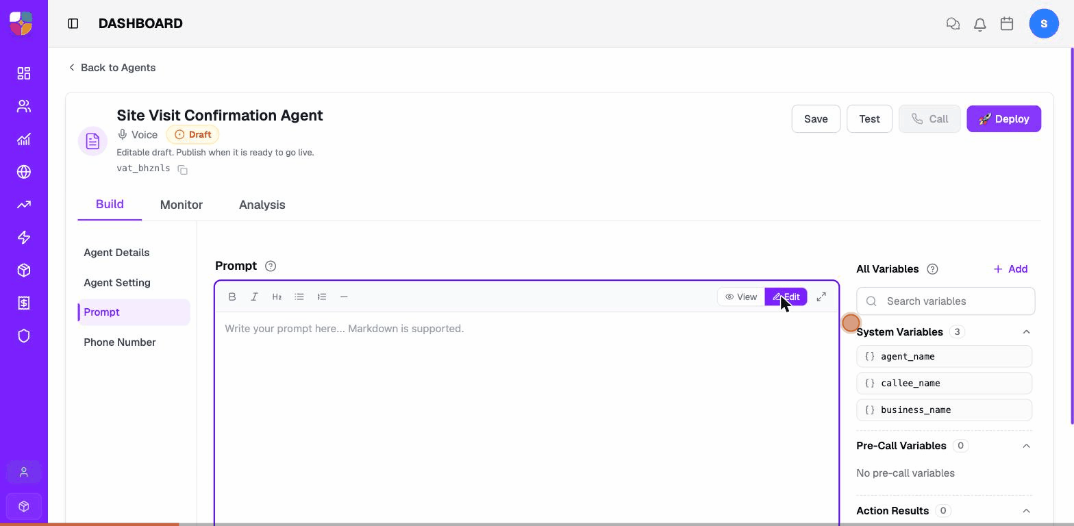 Opening Edit mode, writing the prompt in Markdown, inserting a variable, switching back to View, and saving.