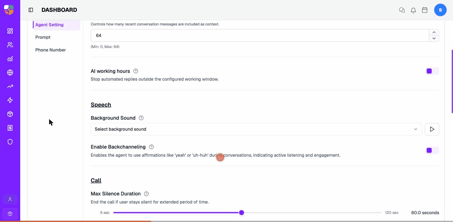 Walking through Agent Setting — Memory window, Max Call Duration, Recording toggle, and Boost Words.