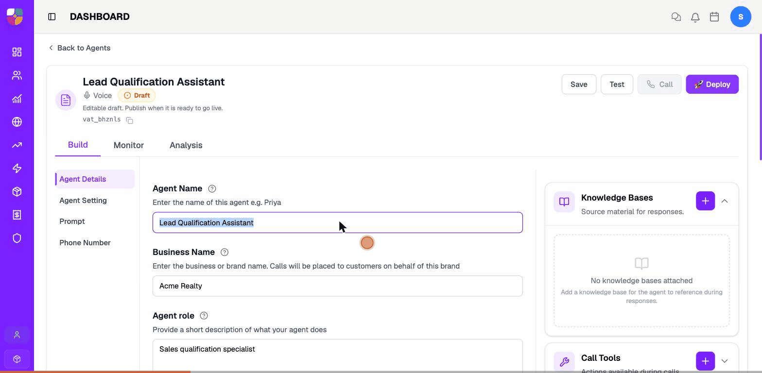Editing the Agent Name and Initial Message on the Build → Agent Details view, then saving.