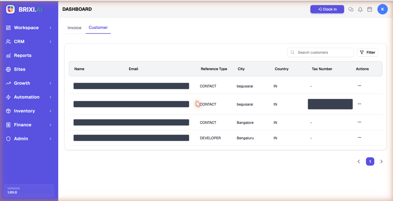 The Customer tab with the search box and filter, showing the billing customer list with Name, Email, Reference Type, City, Country, and Tax Number columns (personal details redacted).