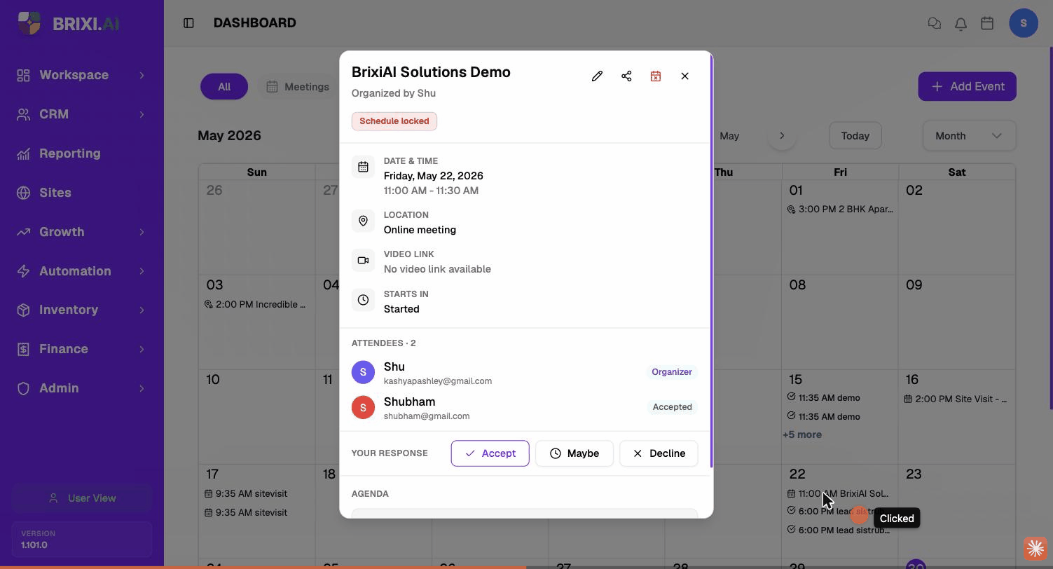 Clicking a meeting tile on the calendar opens its detail popover — title, organizer, date / time, location, attendees, RSVP and the action icons in the top-right.