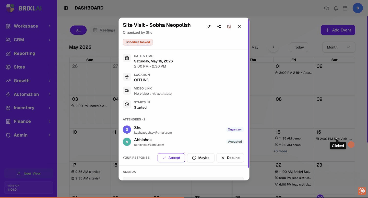 Clicking a site-visit tile on the calendar opens its detail popover — title, organizer, date / time, location, attendees, RSVP and the action icons in the top-right.