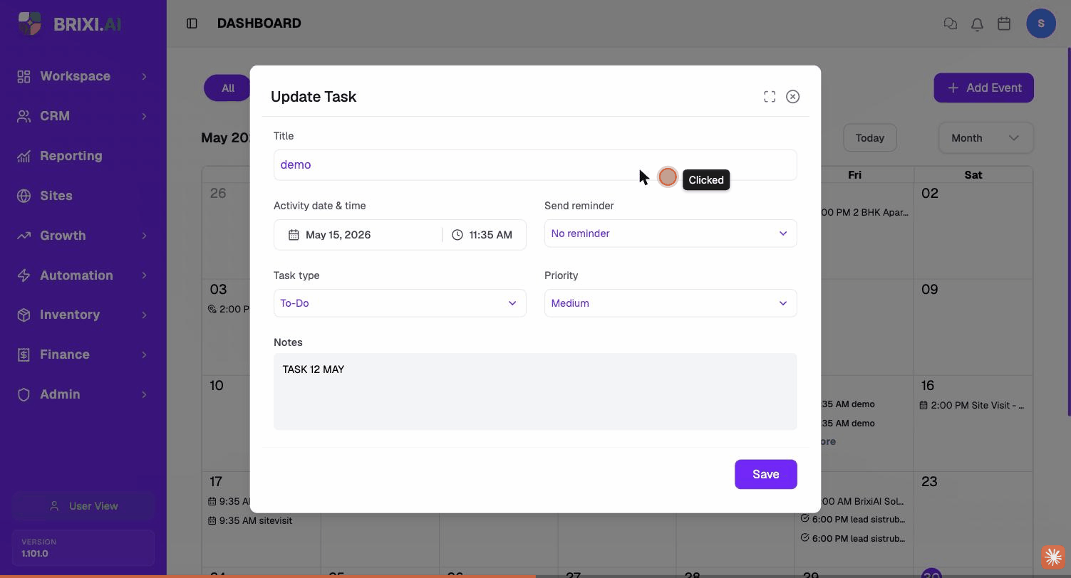 Clicking a task tile on the calendar opens the detail popover; clicking the pencil opens the Update Task dialog with all fields pre-filled.