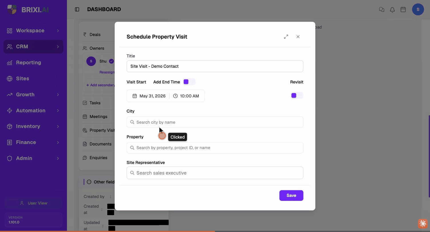 The Schedule Property Visit dialog — title, visit start, Add End Time toggle, Revisit toggle, city, property, site representative. Title masked.