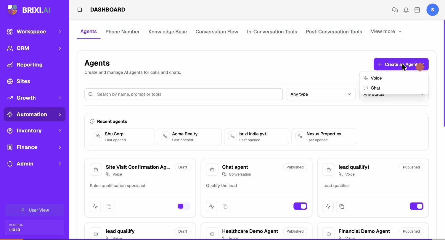 Creating a chat agent — + Create an Agent → Chat → Start from scratch → fill the blank form → Create Agent.