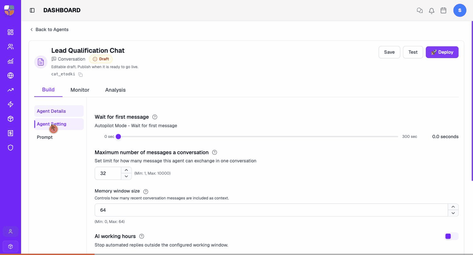 Tour of the chat agent editor — Agent Details → Agent Setting → Prompt sidebar, with the Knowledge Bases / Chat Tools / Post-Chat Analysis right rail.