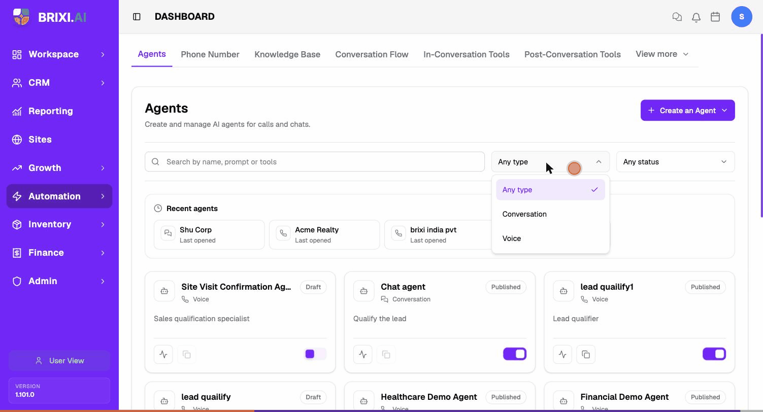 The Agents page with the type filter set to Conversation, showing chat agent cards with the Conversation badge.