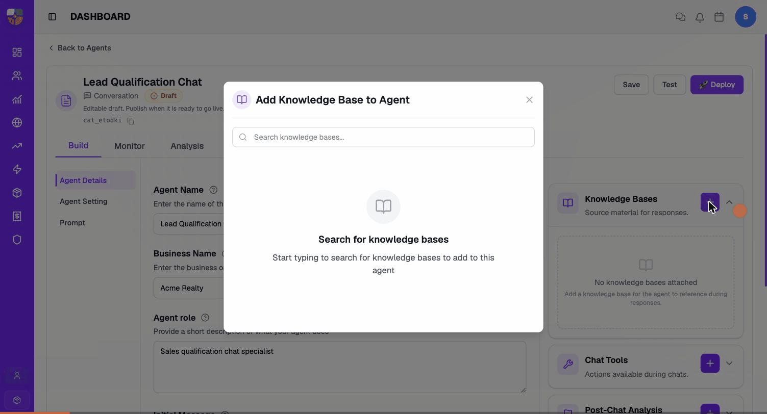Attaching a knowledge base to a chat agent — open the Knowledge Bases picker, search for the library, click Add.