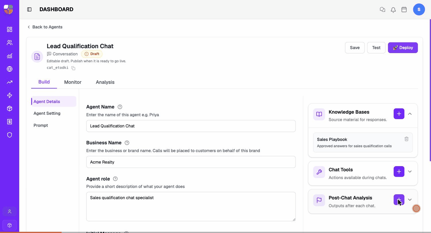 Attaching a Post-Chat Analysis tool to a chat agent — open the picker, pick Summary (or another tool), click Add.