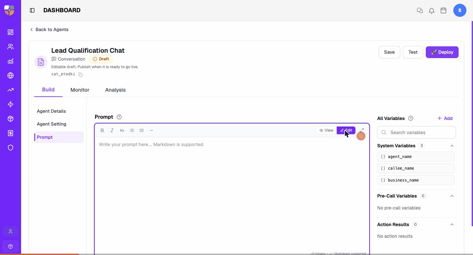 Editing the chat agent prompt — switch to Edit mode, type the prompt, then switch back to View to preview.
