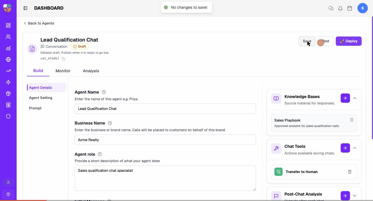 A live test session with the chat agent — initial message, customer reply, agent response, all inside the editor's Test panel.