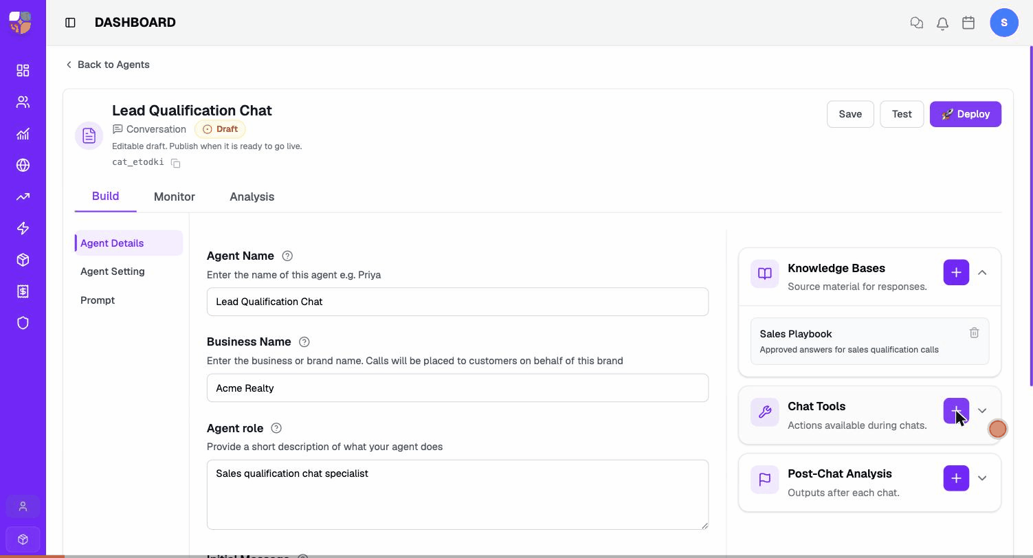 Attaching a chat tool — open the Chat Tools picker, search by name, click Add. The tool appears under the Chat Tools card.
