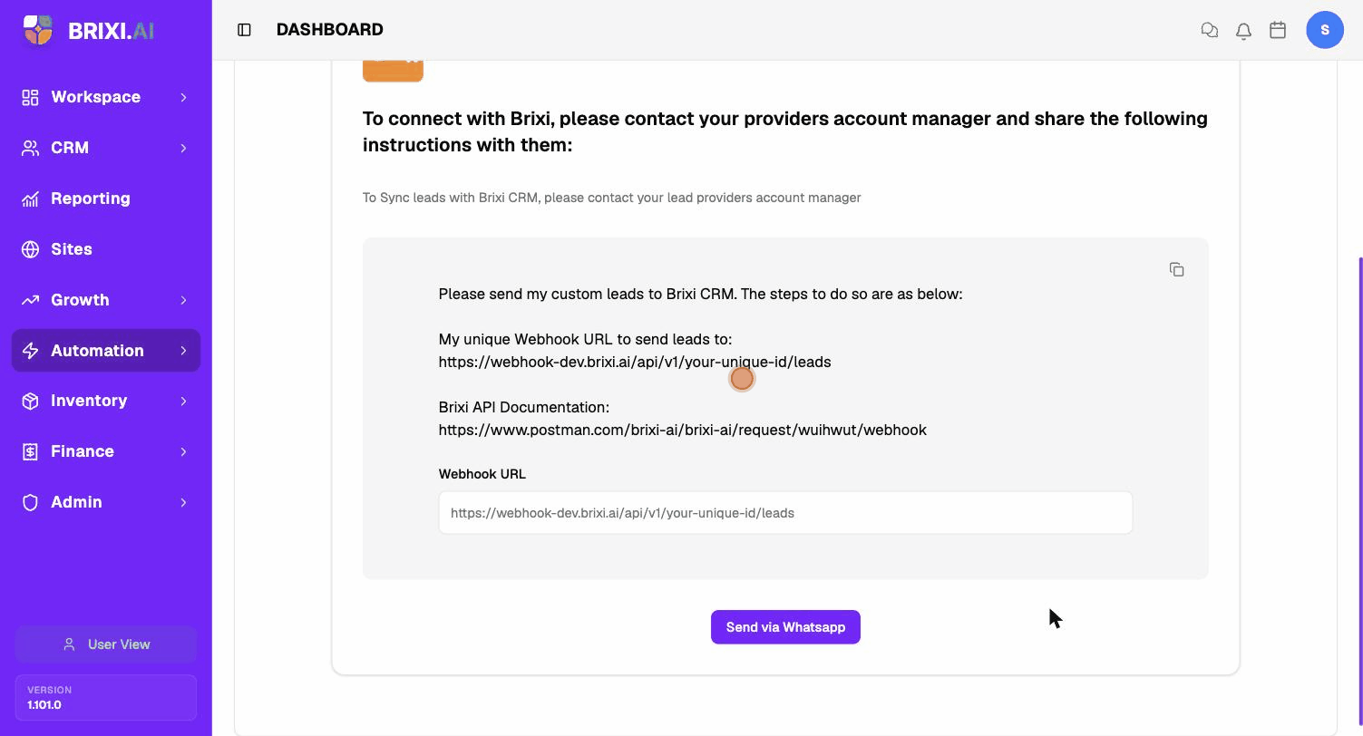 Open Manage to view the webhook URL and message, then click the copy icon