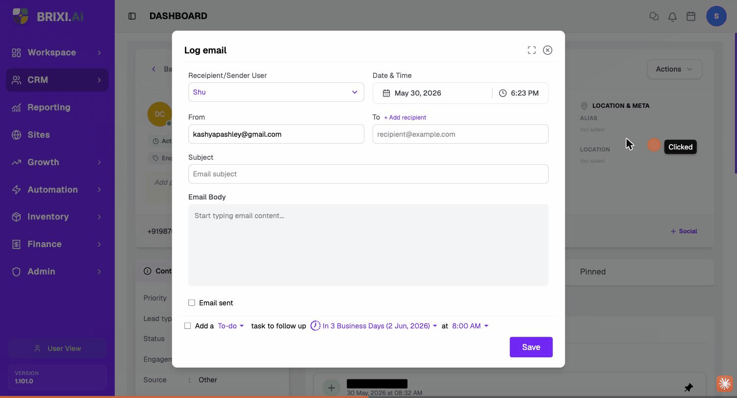 The Actions menu open on a contact, showing Log Notes / Email / Message / Call, Search Google, Match Project / Properties, View History, Delete and Mark Duplicate. Name masked for privacy.
