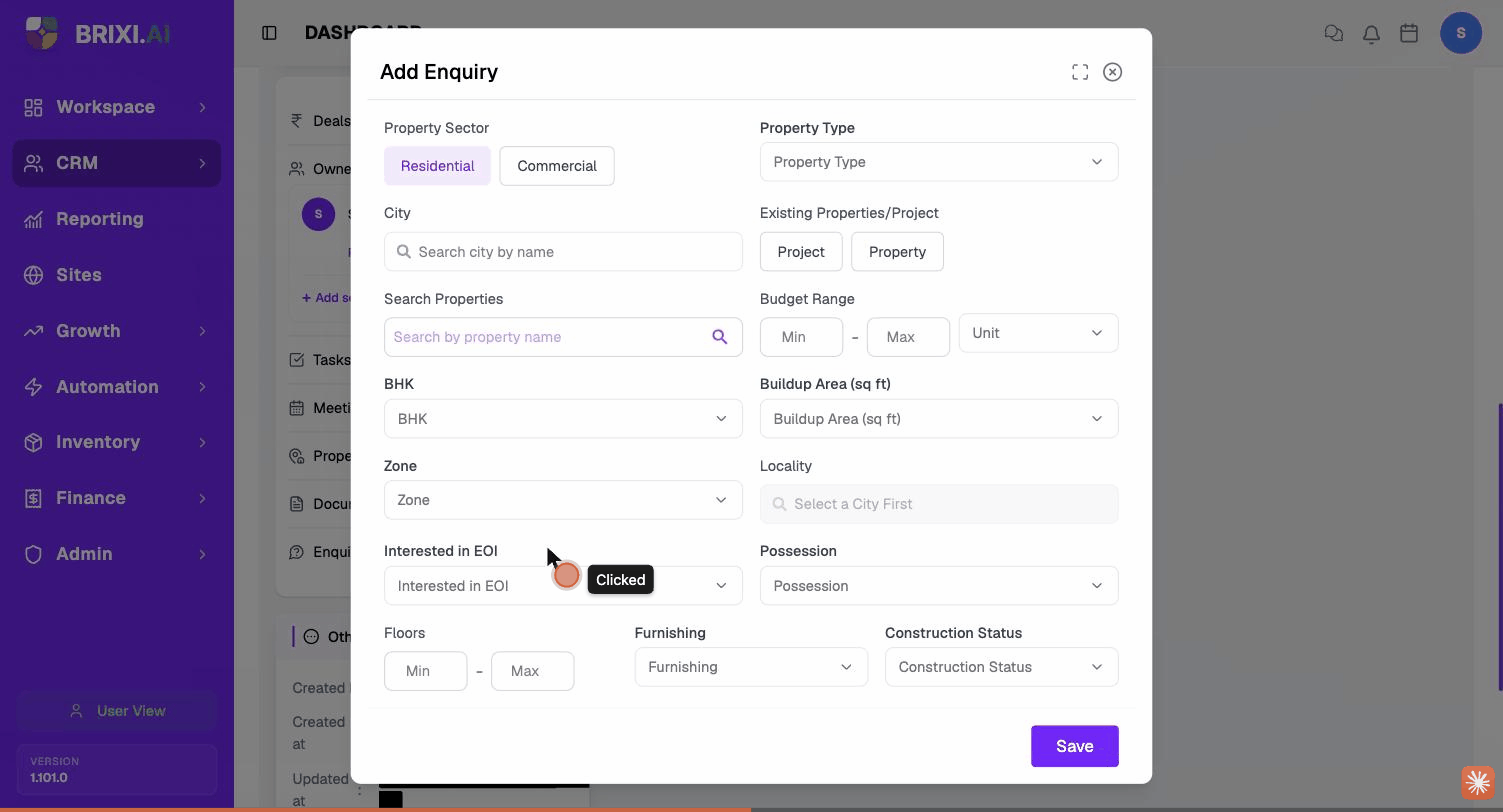 The Add Enquiry dialog — Property Sector, Property Type, City, Properties / Project, Budget, BHK, Zone, Locality and the rest of the criteria.