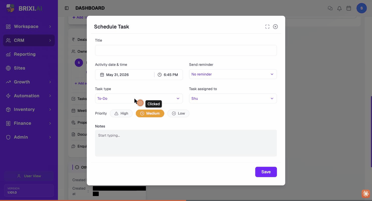 The Schedule Task dialog opened from the Tasks card on the contact summary.