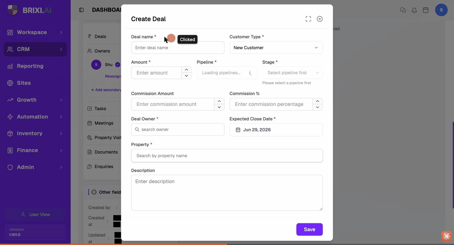 The Create Deal dialog — Deal name, Customer Type, Amount, Pipeline / Stage, Commission, Deal Owner, Expected Close Date, Property, Description.