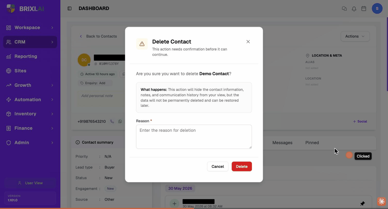 The Delete Contact dialog — confirmation, what-happens explainer, and a required Reason field. Contact name masked.