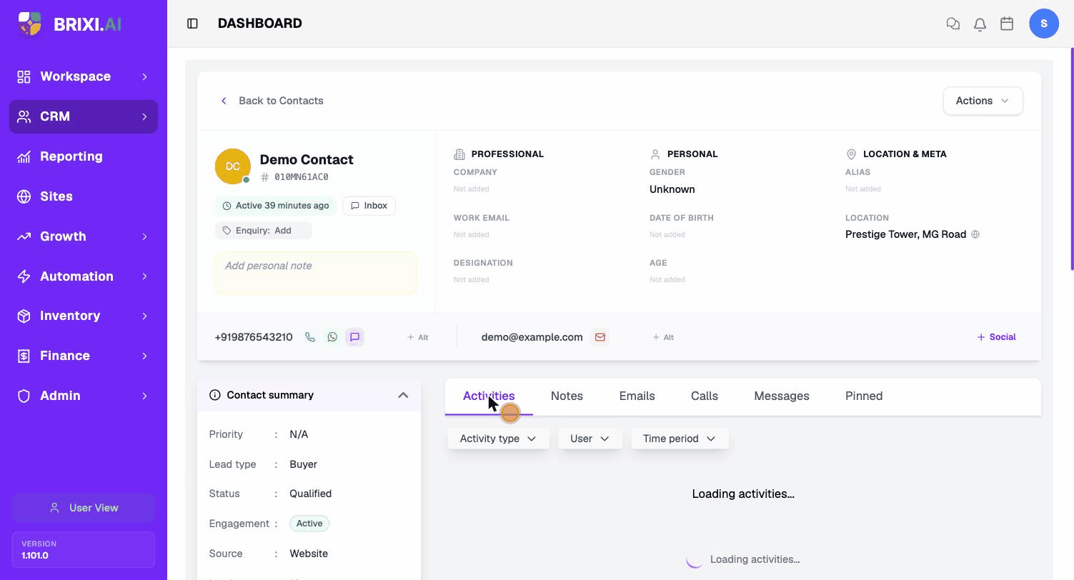 A tour of the contact detail page — header, Contact summary panel, and activity timeline. PII masked for privacy.