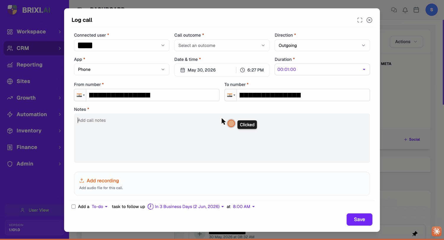 The Log call dialog — Connected user, Call outcome, Direction, App, Duration, From / To numbers, Notes and Add recording. Phone numbers and user masked.