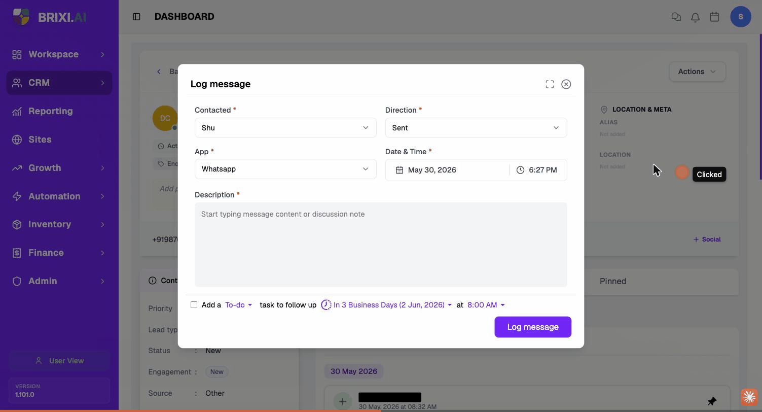 The Log message dialog — Contacted, Direction, App, Date &amp; Time and Description. Connected user masked.