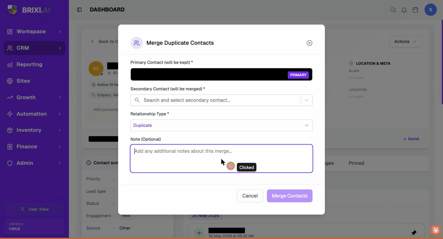 The Merge Duplicate Contacts dialog — primary kept, secondary to merge, relationship type and an optional note. Names masked.