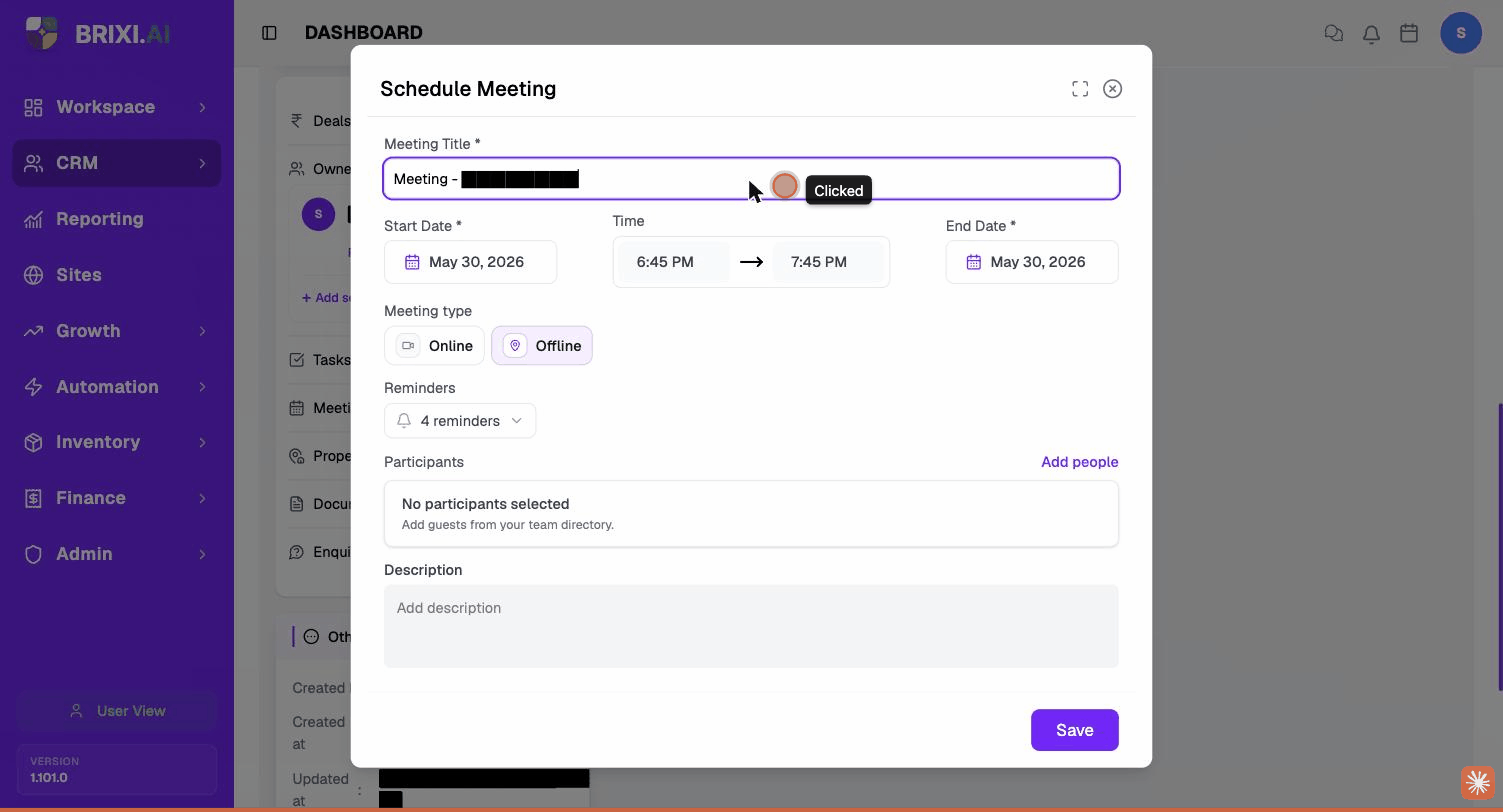 The Schedule Meeting dialog — title, dates, times, Online / Offline, reminders and participants. Title masked.
