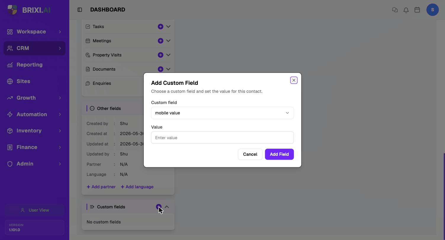 The Add Custom Field dialog — pick a custom field and enter its value