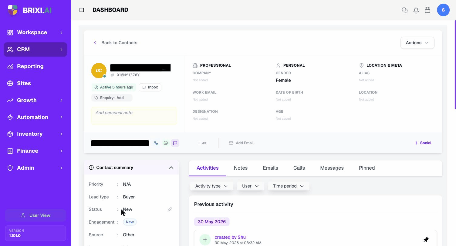 The contact detail page — header, profile sections, phone and email row. PII masked for privacy.