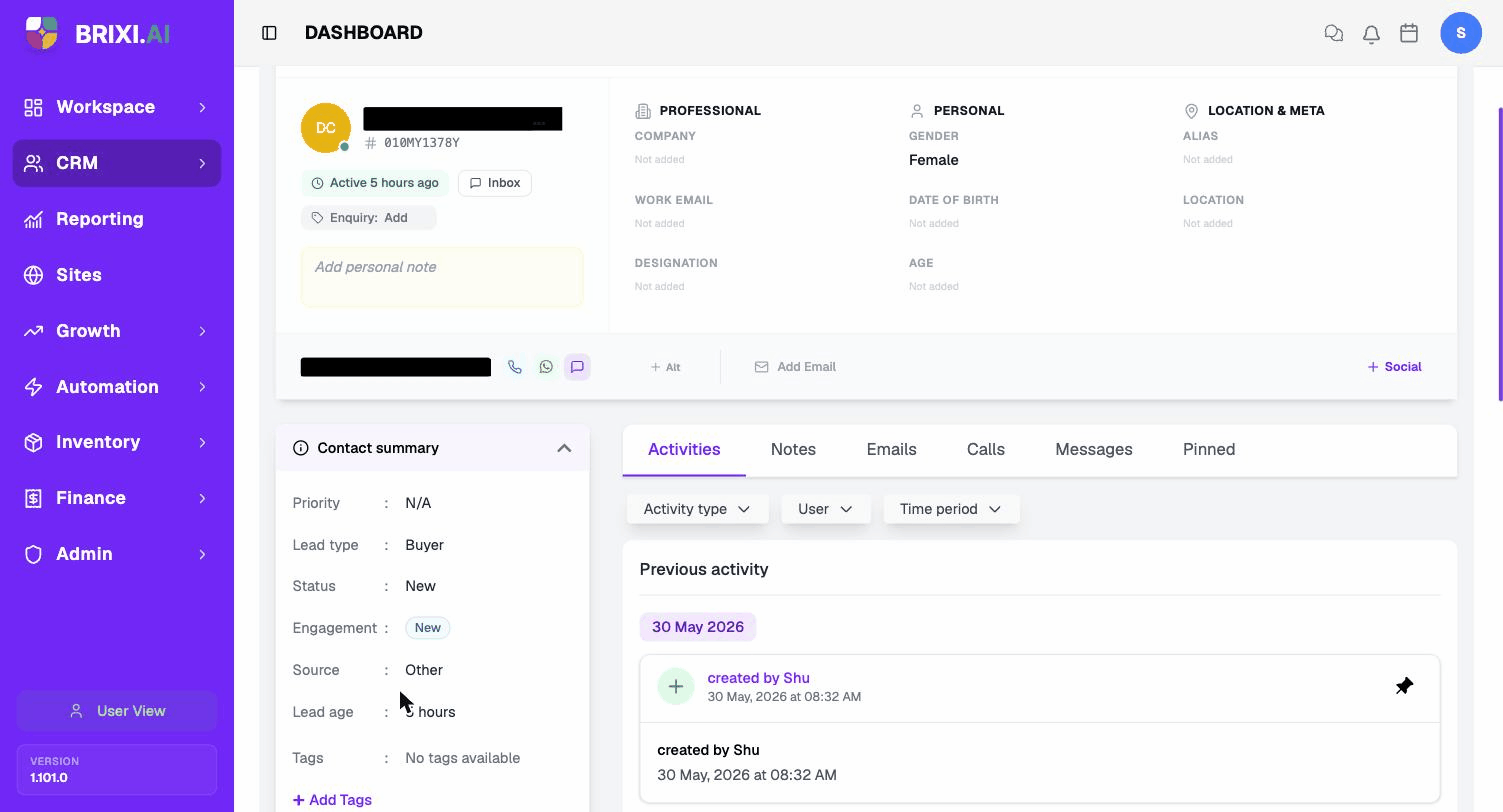 The Contact summary panel with Status, Tags, and other fields. PII masked for privacy.