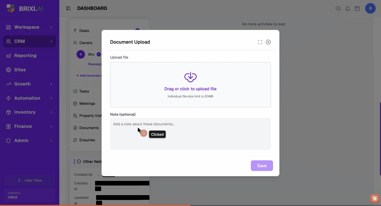 The Document Upload dialog with the drag-or-click area and Note field.
