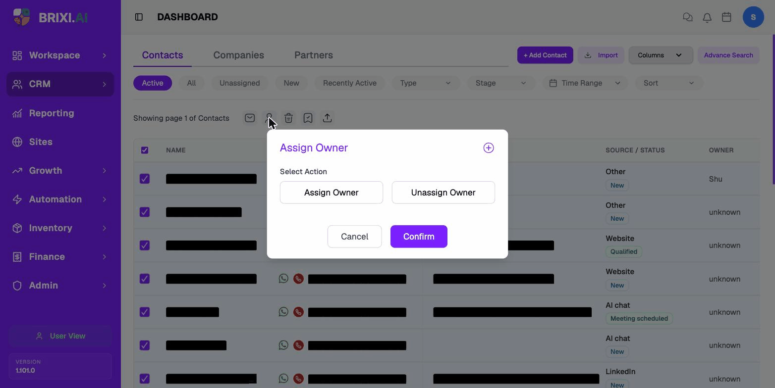 The Assign Owner dialog with Assign Owner and Unassign Owner options.