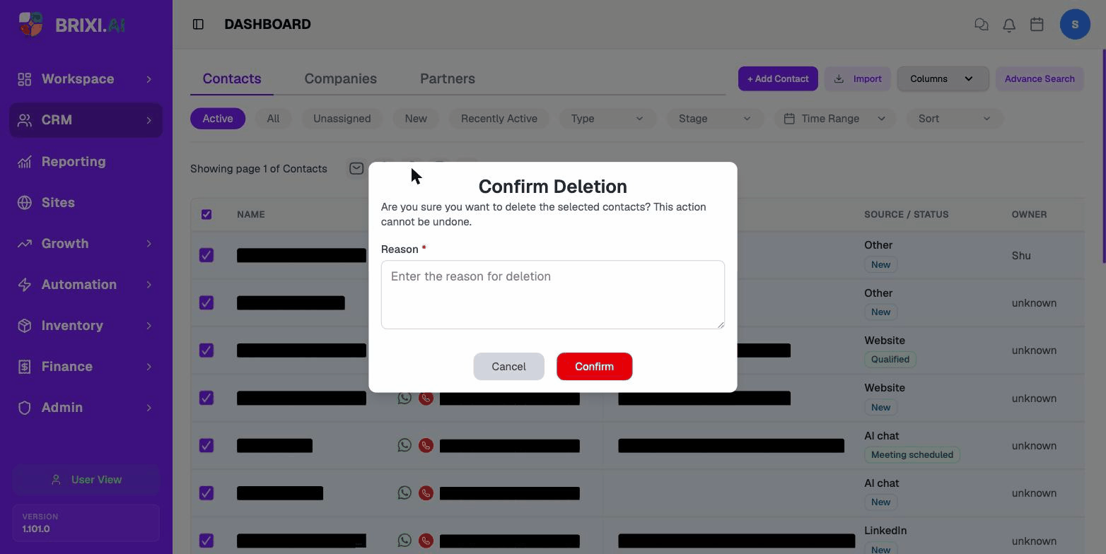 The Confirm Deletion dialog asking for a reason before removing the selected contacts.