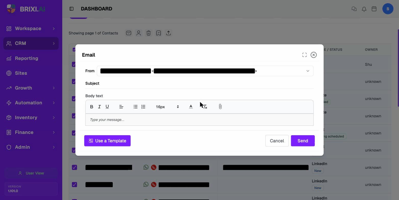 The bulk Email composer — From, Subject, Body text, Use a Template, and Send. Sender email masked.