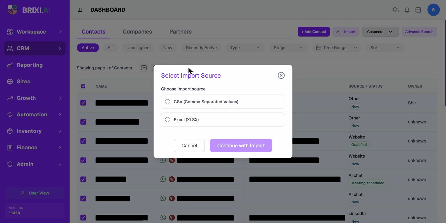 The export dialog — Choose CSV or Excel and click Continue. The dialog title says "Select Import Source" but this button exports the selected contacts.