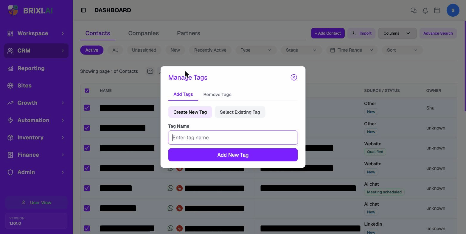 The Manage Tags dialog showing the Add Tags / Remove Tags tabs and Create New Tag / Select Existing Tag toggles.
