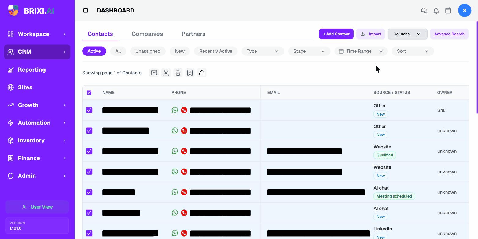 The Contacts list with rows selected and the bulk action toolbar visible. Names, phones, and emails masked for privacy.