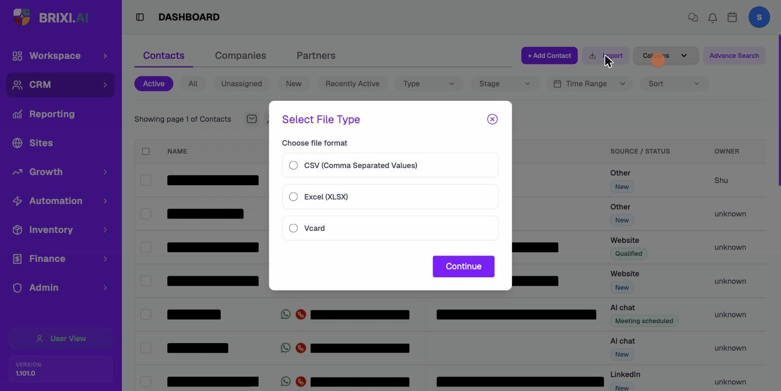 Import a CSV: open Import, pick CSV, upload the file, review the preview, import (phone numbers masked for privacy)