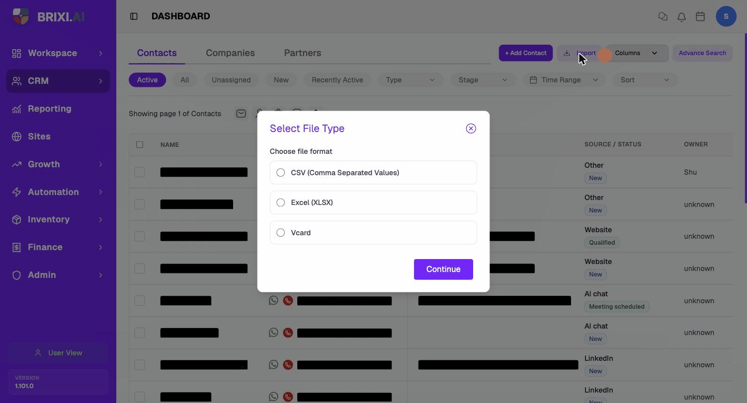 Import a Vcard: open Import, pick Vcard, choose your .vcf file, review the preview (phone numbers masked for privacy)