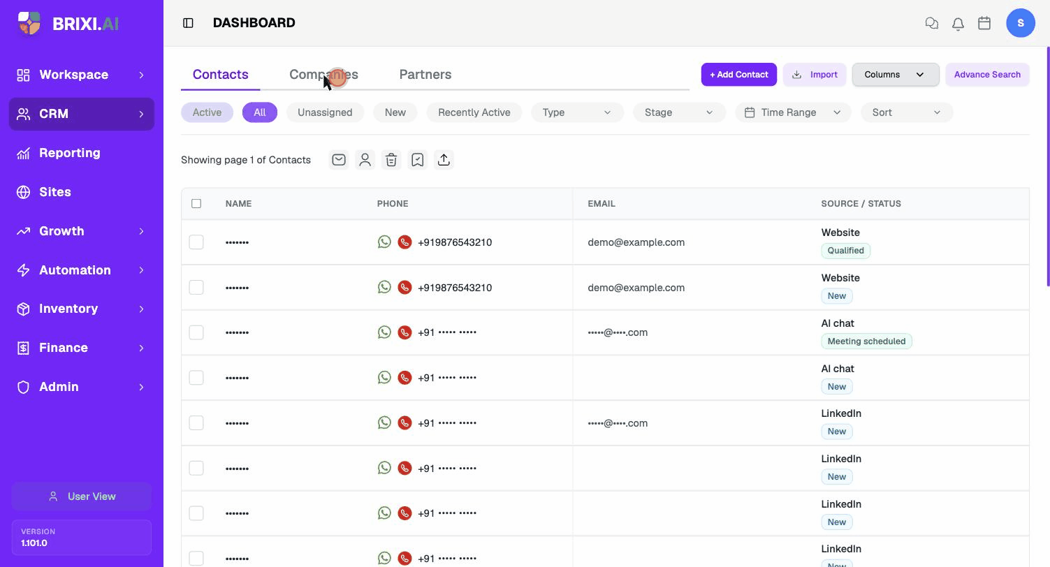 The Contacts page and its Contacts, Companies, and Partners tabs