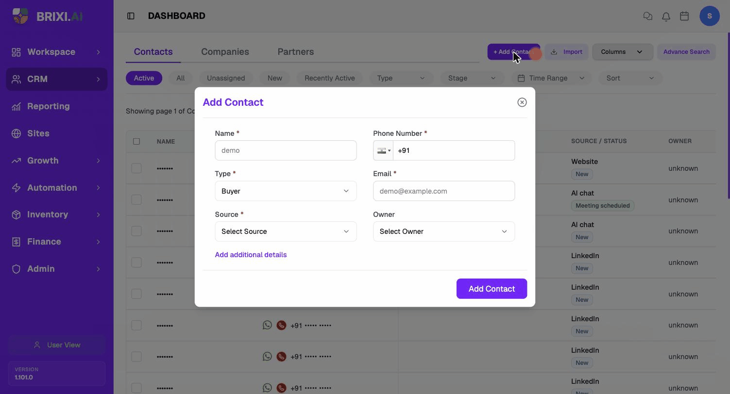 Filling the Add Contact form and saving a new contact in Brixi