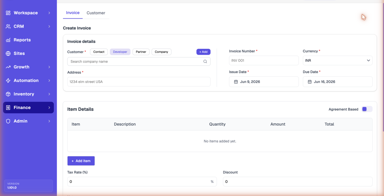 Create Invoice form showing Invoice details (customer type, address, invoice number, currency, issue and due dates) and the Item Details table with Add item, Tax Rate, and Discount.