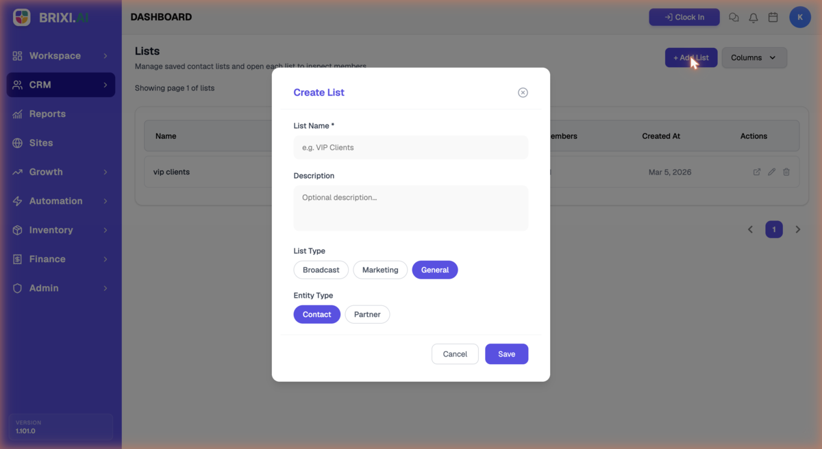 Create List dialog showing List Name, Description, List Type (Broadcast, Marketing, General), and Entity Type (Contact, Partner).